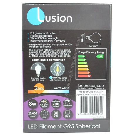 Lusion LED filament G95 spherical packaging with specifications and branding.