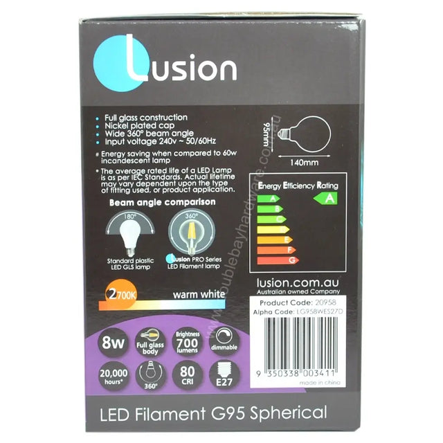 Lusion LED filament packaging with specifications and branding