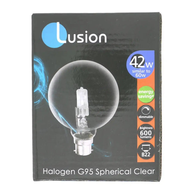 Lusion halogen G95 spherical clear light bulb packaging on a white background