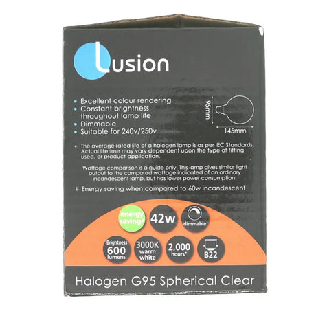 Lusion halogen G95 spherical clear light bulb packaging on a white background