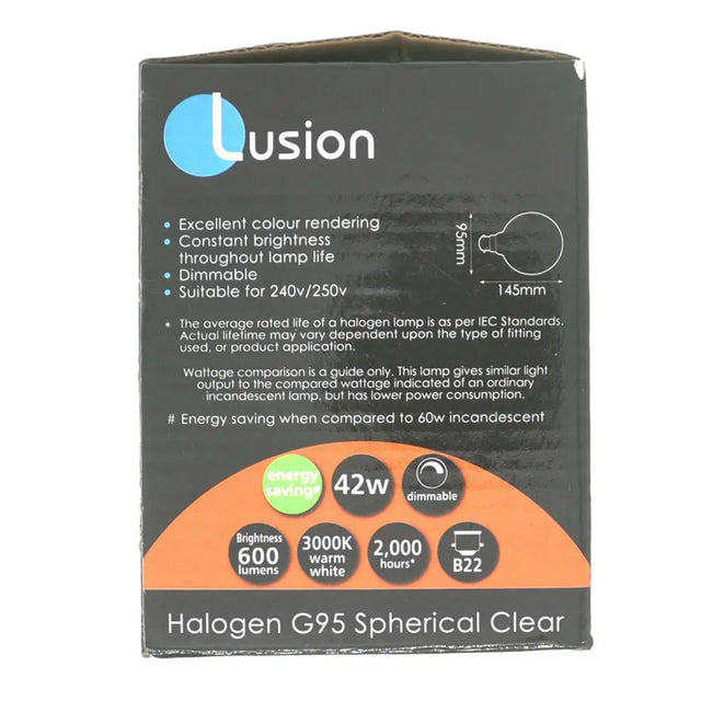 Lusion halogen G95 spherical clear light bulb packaging on a white background