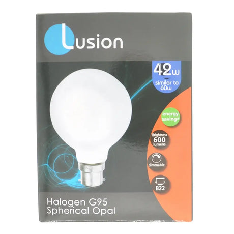 Lusion halogen G95 spherical opal bulb packaging on a white background