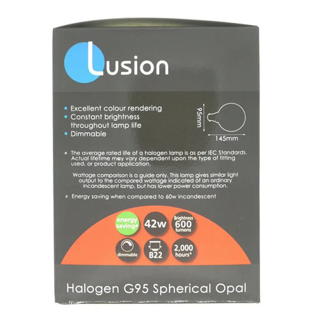 Lusion halogen G95 spherical opal packaging with product details on a white background