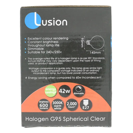 Lusion halogen G95 spherical clear bulb packaging with specifications.