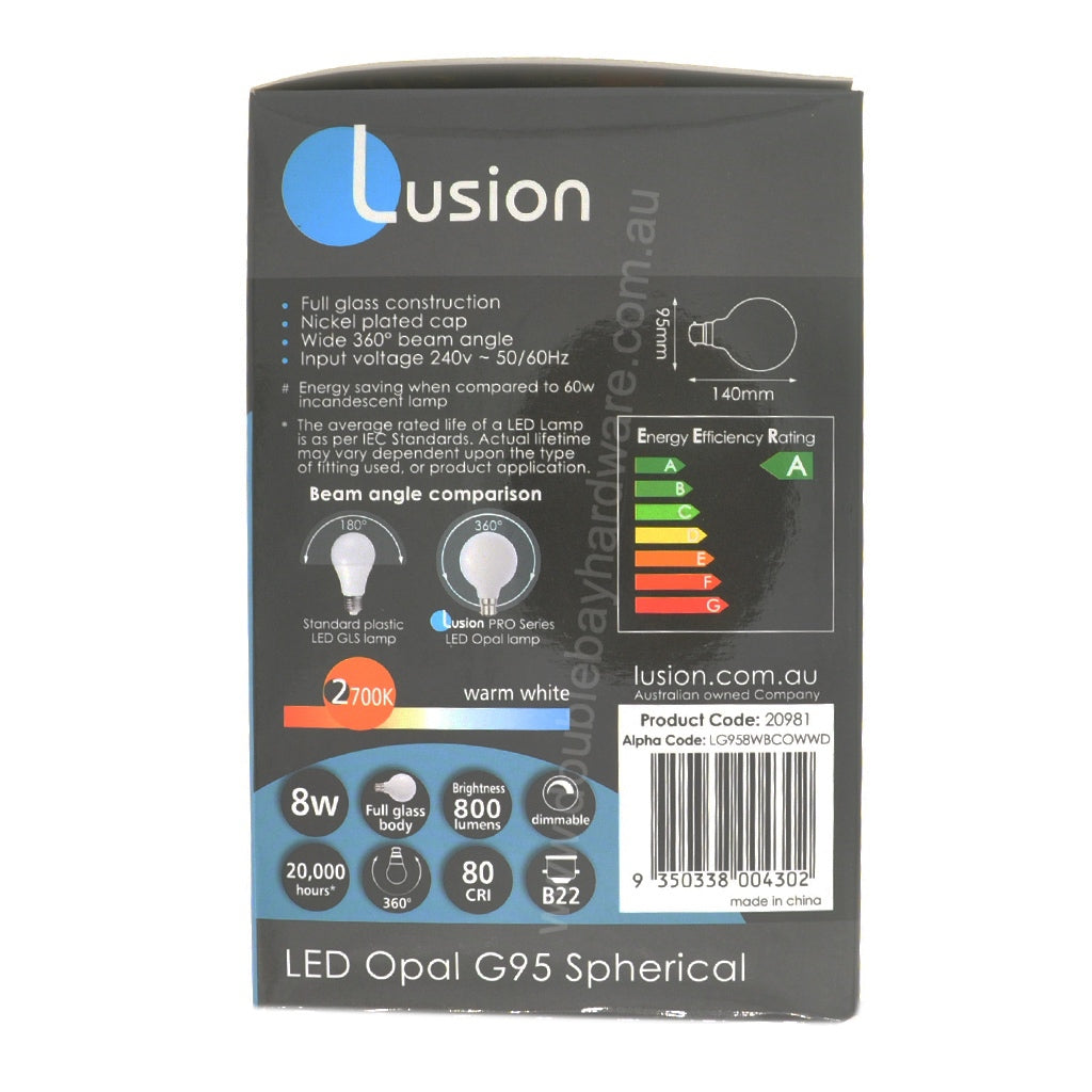 Lusion G95 Spherical LED Light Bulb 240V 8W B22 W/W Opal 20981