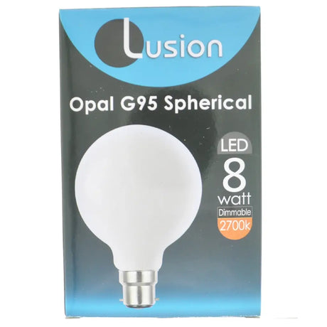 Lusion Opal G95 Spherical LED bulb packaging on a white background