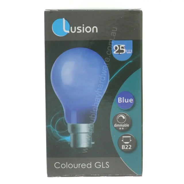 Lusion brand blue 25W dimmable B22 GLS light bulb packaging box, featuring a graphic of the blue light bulb on a dark background with teal accents.