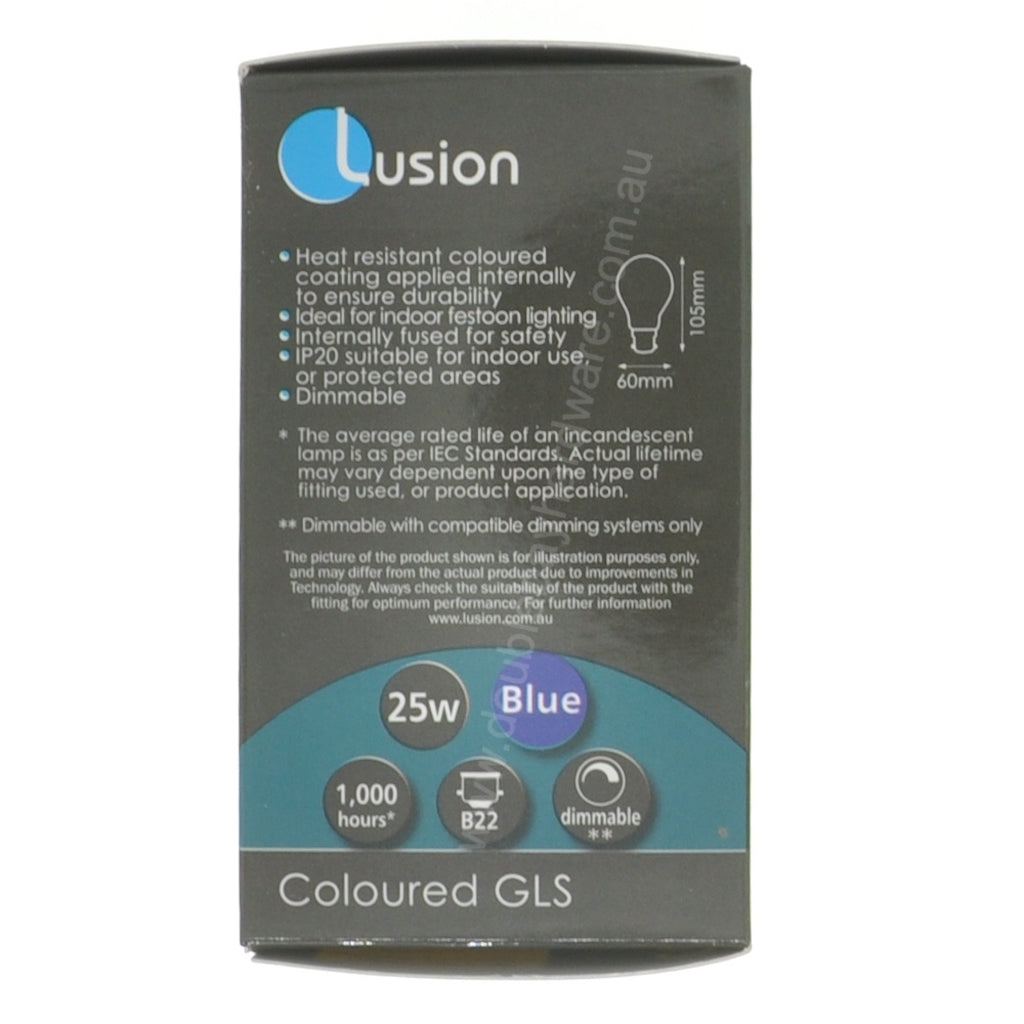 Lusion GLS Coloured Light Bulb B22 240V 25W Blue 30601