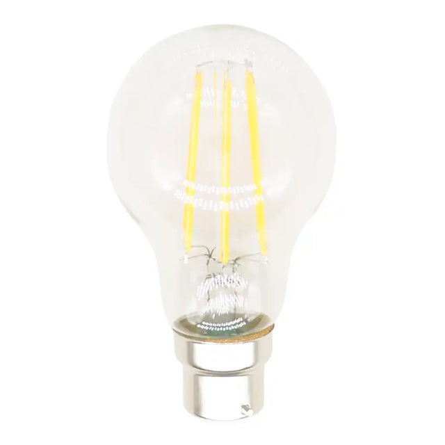 Clear LED light bulb with visible filaments on a white background