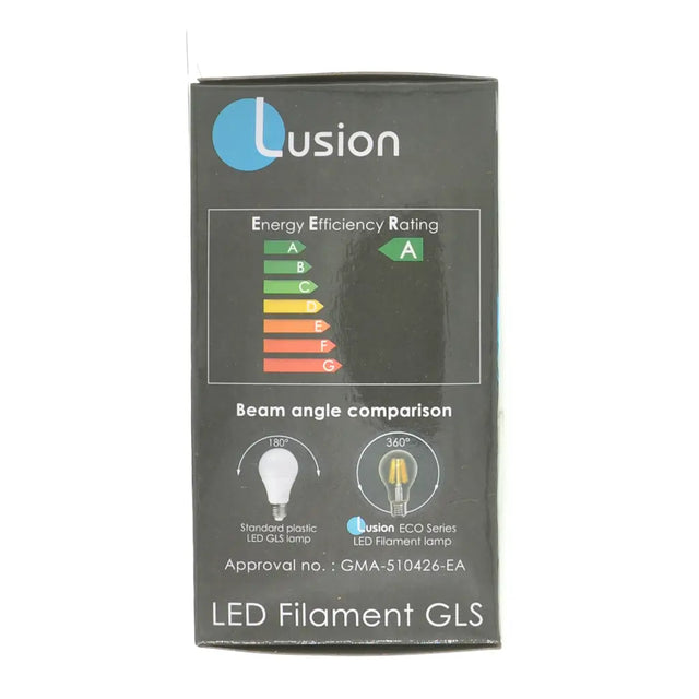 Lusion LED Filament GLS packaging with energy efficiency rating and beam angle comparison on a white background