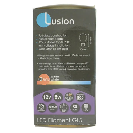 Lusion LED filament GLS light bulb packaging on a white background