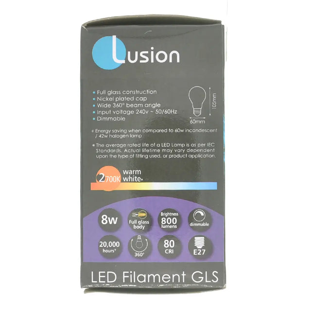 Lusion LED filament GLS light bulb packaging on a white background