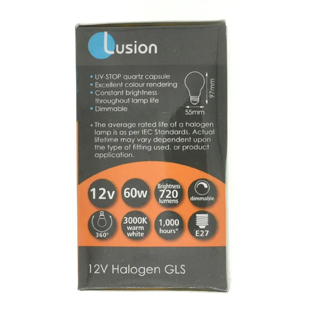 Lusion 12V Halogen GLS packaging with specifications on a white background