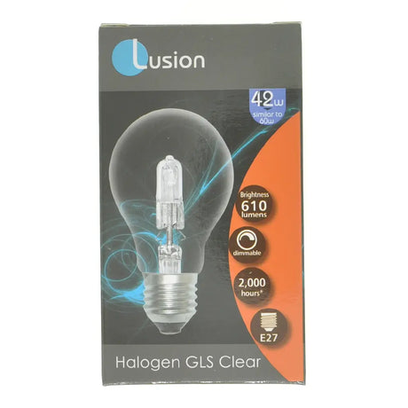 Lusion Halogen GLS Clear light bulb packaging on a white background