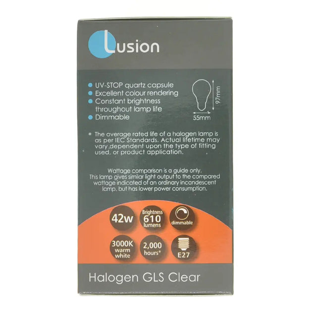 Lusion halogen GLS clear light bulb packaging on a white background