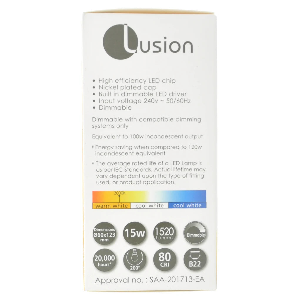 Lusion GLS LED Light Bulb B22 240V 15W W/W Opal 20431