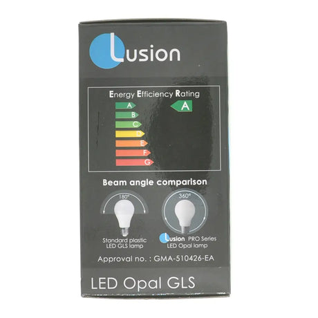 Lusion LED Opal GLS packaging with energy efficiency rating and beam angle comparison on a white background