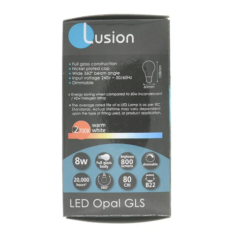 Lusion LED Opal GLS bulb packaging on a white background