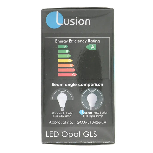 Lusion LED Opal GLS packaging with energy efficiency rating and beam angle comparison on a white background
