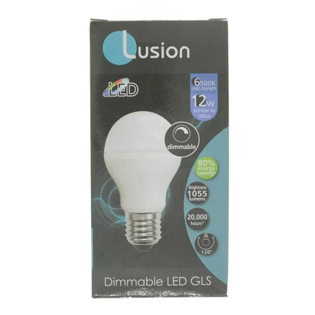 Lusion dimmable LED GLS bulb packaging on a white background