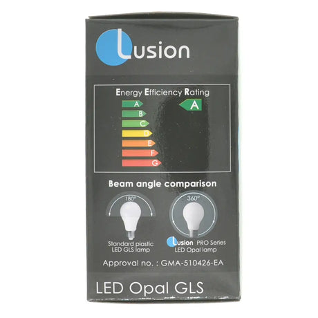Lusion LED Opal GLS packaging with energy efficiency rating and beam angle comparison on a white background