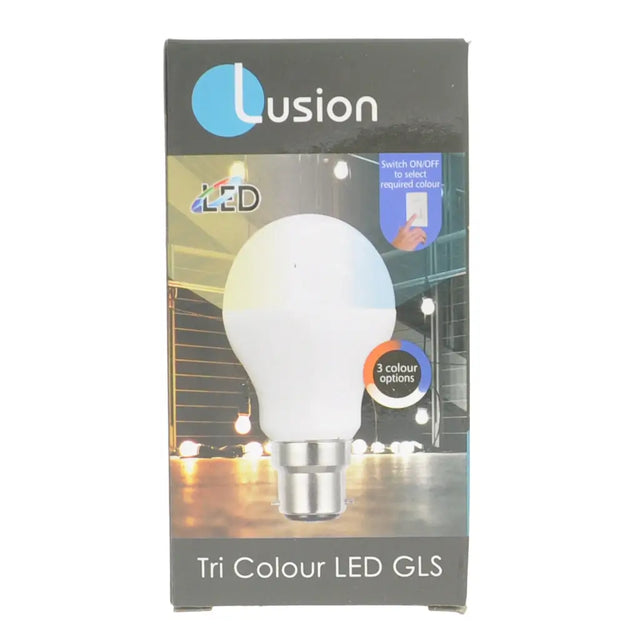 Lusion Tri Colour LED GLS packaging with a light bulb illustration on a white background
