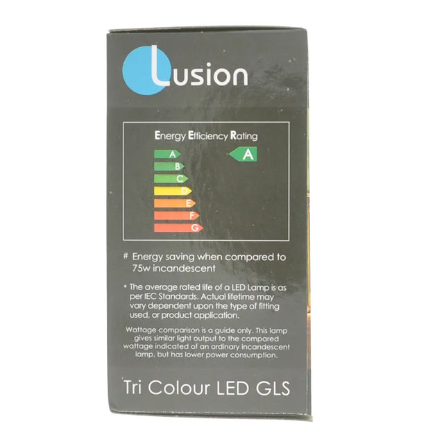 Lusion Tri Colour LED GLS packaging with energy efficiency rating on a white background