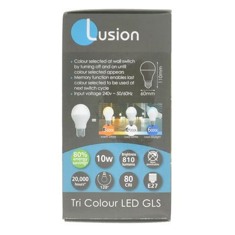 Lusion Tri Colour LED GLS packaging on a white background