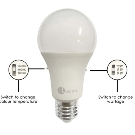 Light bulb with labeled switches for color temperature and wattage on a white background