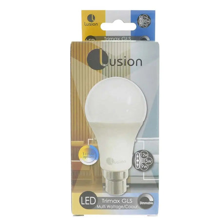 LED light bulb in packaging with 'Lusion' branding on a white background