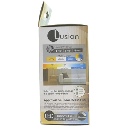 Lusion LED light bulb packaging on a white background