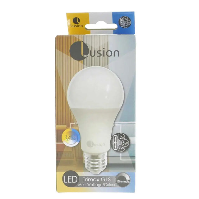 LED light bulb in packaging with Lusion branding on a white background