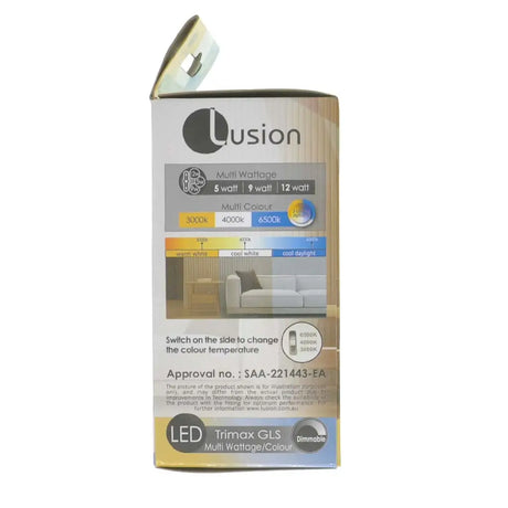 Box of Dusion LED light bulbs with specifications on a white background
