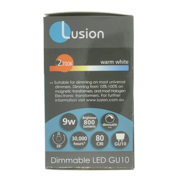 Lusion LED GU10 packaging on a white background