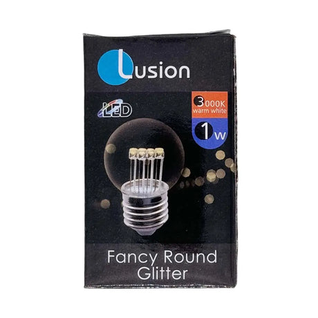 Lusion LED light bulb packaging with a black background