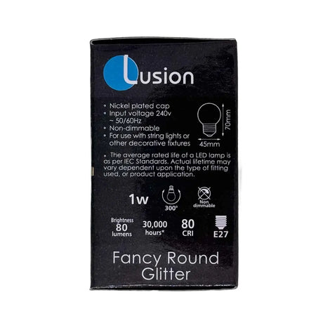 Lusion LED light bulb packaging with specifications on a white background