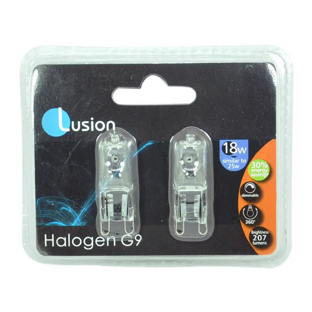 Two halogen G9 light bulbs in Lusion packaging on a white background