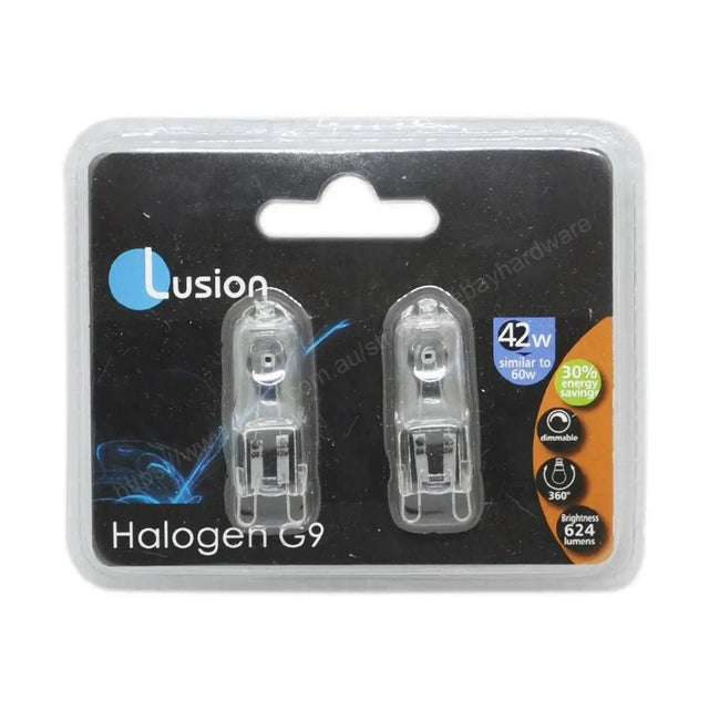 Two halogen G9 light bulbs in packaging with Lusion branding on a white background