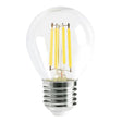 Clear LED light bulb with visible filaments on a white background