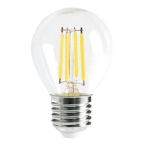 Clear LED light bulb with visible filaments on a white background