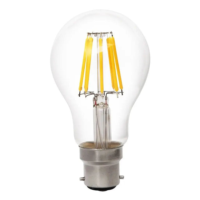 Clear LED light bulb with visible filaments on a white background