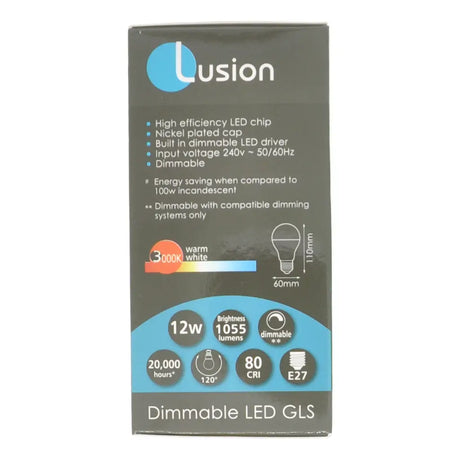 Lusion LED GLS bulb packaging with specifications on a white background