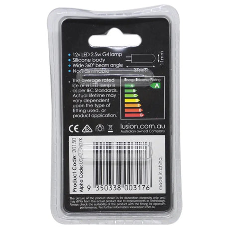 Lusion LED lamp packaging with specifications and branding on a white background