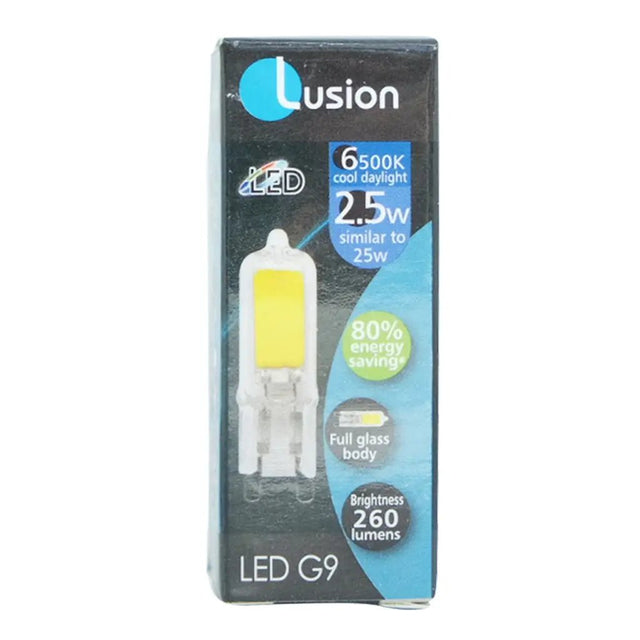 Lusion LED G9 light bulb packaging on a white background