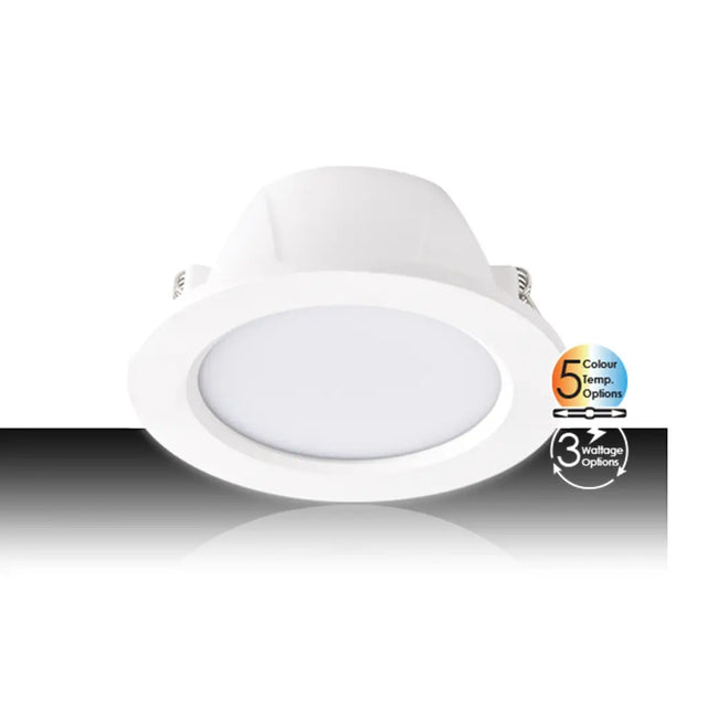 White LED downlight with color temperature and voltage options on a white background