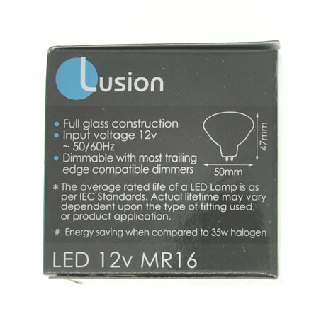 Lusion LED 12v MR16 packaging with specifications on a white background