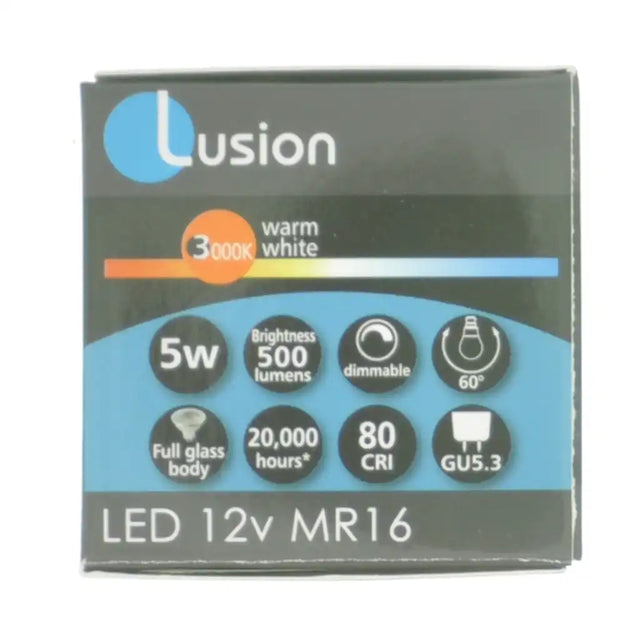 Lusion LED 12v MR16 packaging on a white background