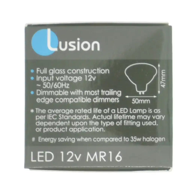 Lusion LED bulb packaging with specifications on a white background