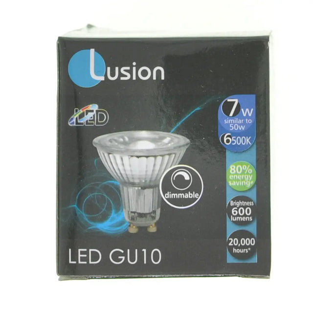 Lusion LED GU10 bulb packaging with specifications on a white background