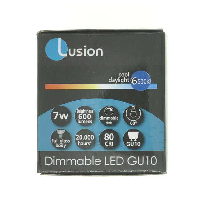 Lusion LED GU10 light bulb packaging on a white background